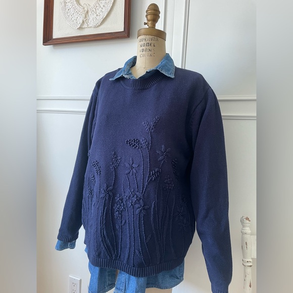 Navy Blue Sweater with Embroidered flowers - Picture 2 of 5